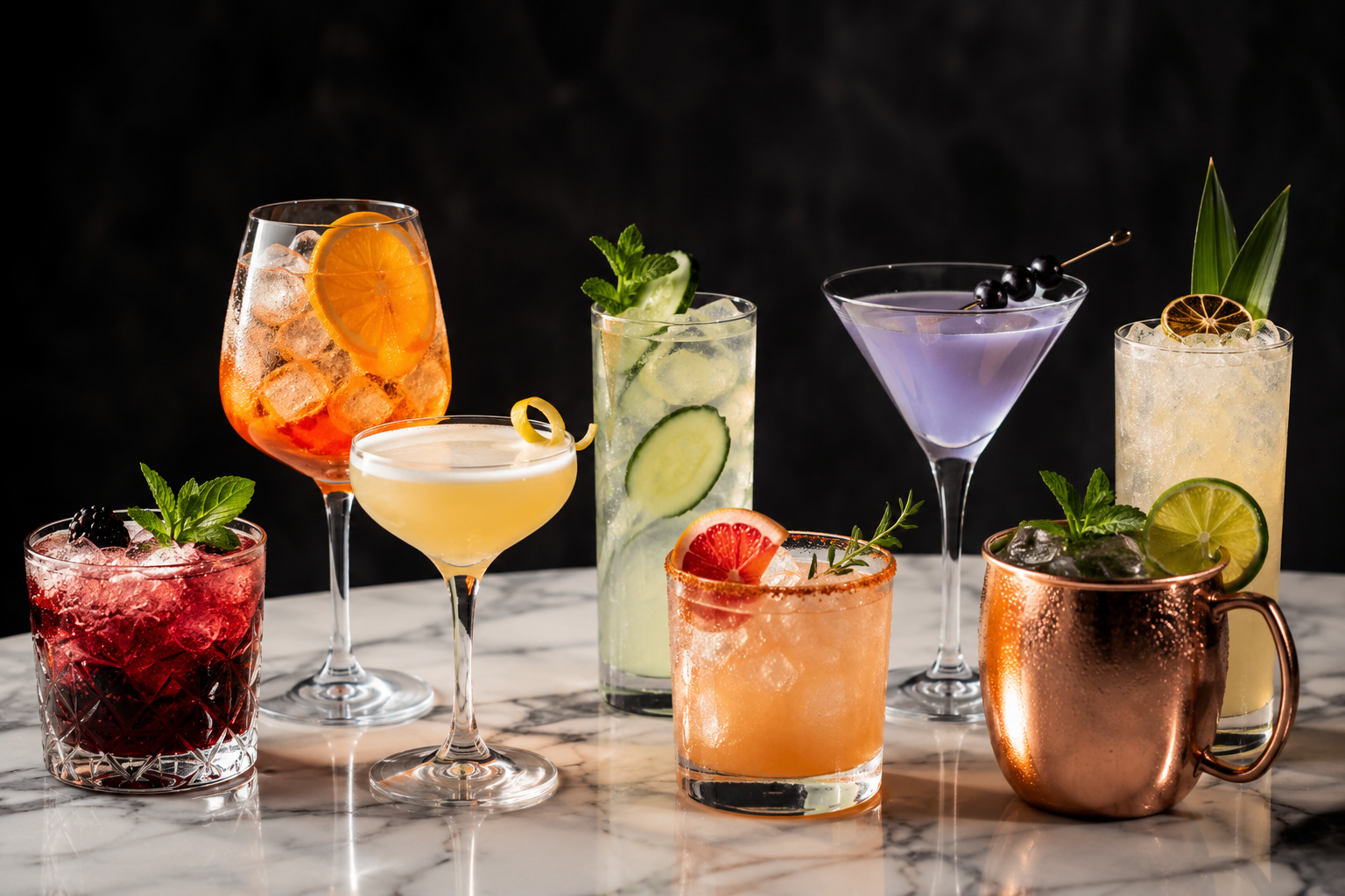Signature handcrafted cocktails on a marble bar